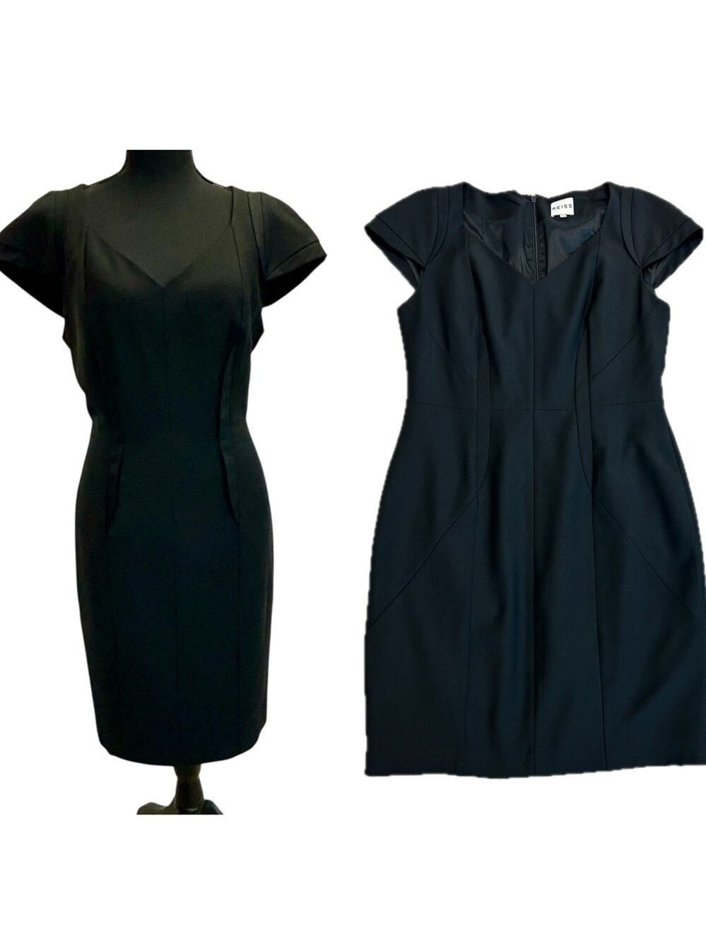 Reiss black cap sleeve V-neck midi sheath dress Sz 10 NWOT professional business